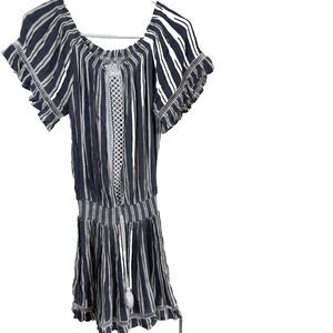 Ocean Drive Dress Mini Elastic Neck & Waist Lace Black & White Striped M